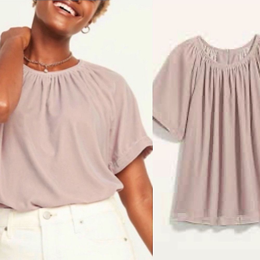 Old Navy shirred thick velvet blouse crew neck minimalist beige tan size L